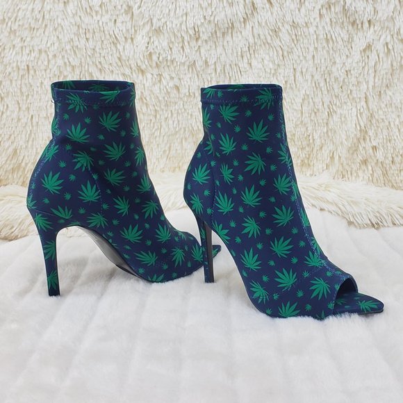 Navy Blue high heel ankle boot Pot Leaf Print - Picture 6 of 11